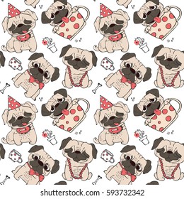 Cute pug dogs seamless pattern  on the transparent background