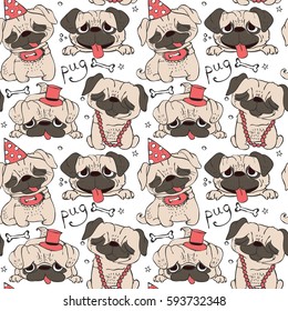 Cute pug dogs seamless pattern  on the transparent background