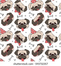 Cute pug dogs seamless pattern  on the transparent background