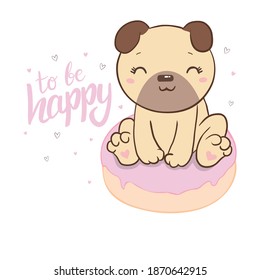 Cute pug with a donut illustration on a white background. Vector, illustration.