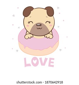 Cute pug with a donut illustration on a white background. Vector, illustration.