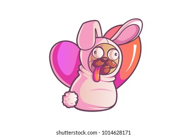 Cute pug dressed up like a bunny and heart in the back. Vector Illustration. Isolated on white background.