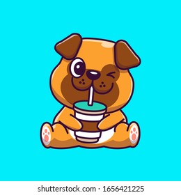 Cute Pug Drinking Coffee Vector Icon Illustration. Pug Mascot Cartoon Character. Animal Icon Concept White Isolated. Flat Cartoon Style Suitable for Web Landing Page, Banner, Flyer, Sticker, Card