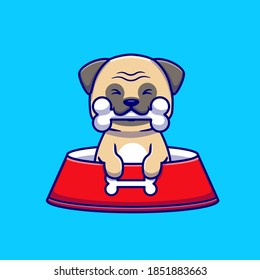 Cute Pug Eat Bone Cartoon Vector Icon Illustration. Animal Nature Icon Concept Isolated Premium Vector. Flat Cartoon Style