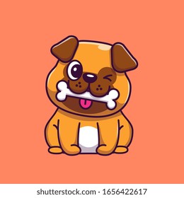 Cute Pug Eating Bone Vector Icon Illustration. Pug Mascot Cartoon Character. Animal Icon Concept White Isolated. Flat Cartoon Style Suitable for Web Landing Page, Banner, Flyer, Sticker, Card
