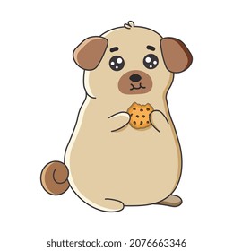 Cute pug eating a cookie in cartoon style. Vector illustration isolated on white background. Print for t-shirts, stickers,  design and more.