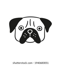 Cute pug face. Dog head icon. Hand drawn isolated vector illustration in doodle style on white background