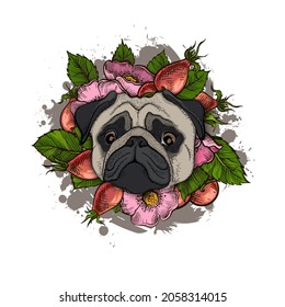 Cute pug with floral, dog pet drawn