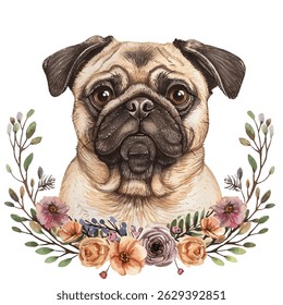 cute pug with flower wreath vector illustration in watercolour style