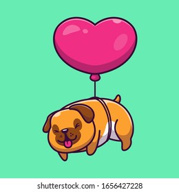 Cute Pug Flying With Balloon Vector Icon Illustration. Pug Mascot Cartoon Character. Animal Icon Concept White Isolated. Flat Cartoon Style Suitable for Web Landing Page, Banner, Flyer, Sticker, Card