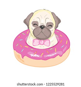 Cute pug in glasses and happy face on pink donut, dog vector, illustration.