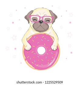 Cute pug in glasses and happy face on pink donut, dog vector, illustration.