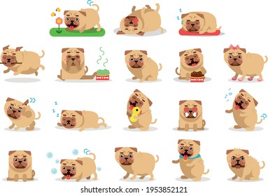 Cute Pug Hanging out Tongue, Sleeping and Scratching Head with Paw Vector Set
