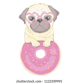 Cute pug and happy face on a pink background, dog vector, illustration.