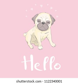 Cute pug and happy face on a pink background, dog vector, illustration.
