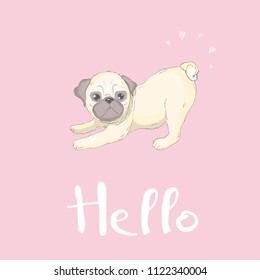 Cute pug and happy face on a pink background, dog vector, illustration.