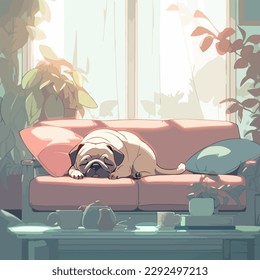 Cute pug having a nap, snugly curled up on a modern soft couch in a bright apartment, waiting for the return of an owner. Simple vector illustration in calm light color palette