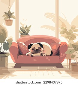 Cute pug having a nap, snugly curled up on a modern soft couch in a bright apartment, waiting for the return of an owner. Simple vector illustration in calm light color palette