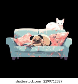 Cute pug having a nap, snugly curled up on a modern soft couch in a bright apartment, waiting for the return of an owner. Simple vector illustration in calm light color palette