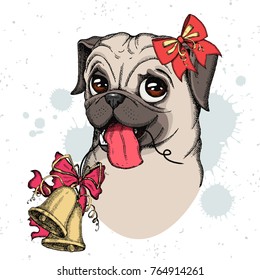 Cute Pug head with Christmas bells and bow. Hand drawn vector dog  illustration
