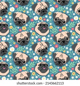 CUTE PUG HEAD WITH SOME DIFFERENT EXPRESSIONS IN FLORAL BACKGROUND. FLAT SEAMLESS PATTERN.