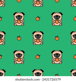 CUTE PUG IS HOLDING AN ORANGE SEAMLESS PATTERN