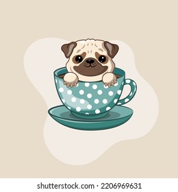 Cute pug illustration in a cup. Vector illustration. 