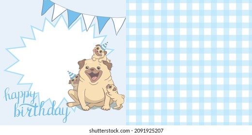 Ilustraciones de Cute Pug. Juego de tarjetas de felicitación de cumpleaños, carteles, impresiones.