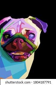 cute pug on geometric pop art style. Abstract rainbow .vector illustration.