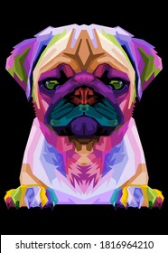 cute pug on geometric pop art style. Abstract rainbow .vector illustration.