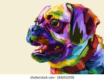 cute pug on geometric pop art style. Abstract rainbow .vector illustration.