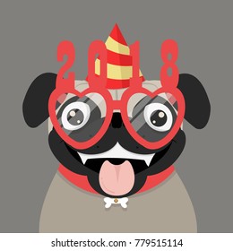 Cute Pug  in a Party hat with a glasses