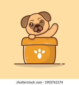 cute pug playing in box cartton illustration