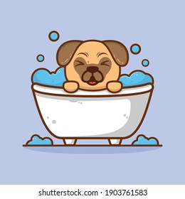 cute pug playing bubbles in the bathtub cartoon illustration