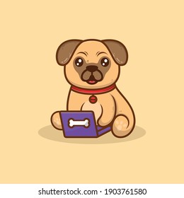 cute pug playing laptop cartoon illustration