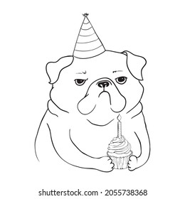 Cute pug. Portrait of dog in sketch style. Hand drawn vector illustration. Black and white monochrome animal illustration.