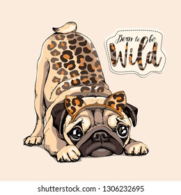 Cute Pug with a predator skin spots and  in a leopard mask on a beige background. Born to be wild - lettering quote. Humor card, poster, t-shirt composition, hand drawn vector illustration.