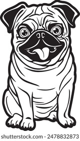 Eine süße PUG Welpen Illustration. Schwarz-weiße Liniengrafik mit dicken, fetten Linien.