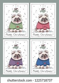 Cute pug puppy dog with big adorable eyes wearing a knitted sweater sitting in snow under mistletoe waiting for a kiss. Humorous Merry Christmas and New Year winter holiday greeting card template.