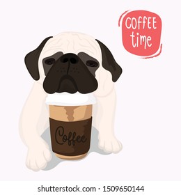 Cute Pug puppy in a glasses with a plastic cup of coffee. It's coffee time - lettering quote. Hand drawn for Prints on T-shirts, sweatshirts, cases for mobile phones, souvenirs. card. Vector 