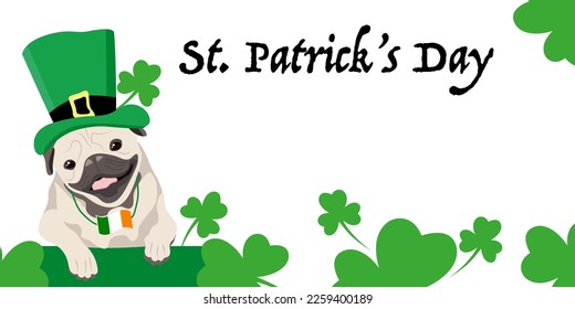 Cute pug puppy wearing a leprechaun hat. Saint Patrick's Day background. Vector illustration