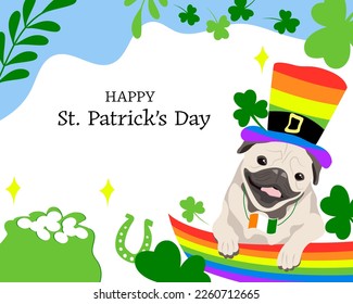 Cute Pug puppy wearing a Leprechaun Rainbow hat. Saint Patrick's Day background. Vector illustration