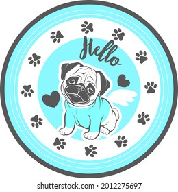 Cute pug puppy with wings sitting on blue background with hearts, footprints, stripes and the inscription 'Hello'.
