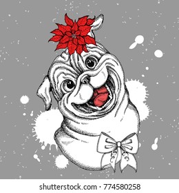 Cute Pug with red flower Print for t-shirts and bags, poster or greeting card
