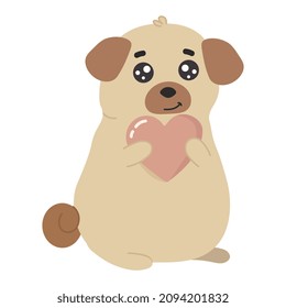 Cute pug with red heart in cartoon style. Illustration for poster, postcard, design, t-shirt print. Happy Valentine's day.