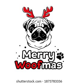 Cute pug with red red reindeer antlers. Christmas pug dog portrait. Merry woofmas text. Vector illustration