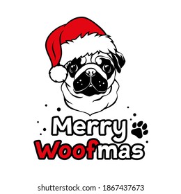 Cute pug with red Santa hat. Christmas pug dog portrait. Merry woofmas text. Vector illustration