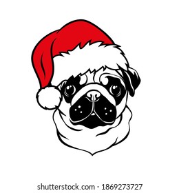 Cute pug with red Santa hat. Christmas pug dog portrait. Vector illustration