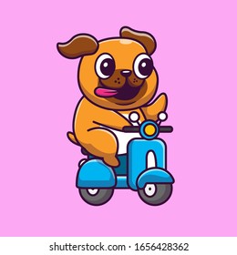 Cute Pug Riding Scooter Vector Icon Illustration. Pug Mascot Cartoon Character. Animal Icon Concept White Isolated. Flat Cartoon Style Suitable for Web Landing Page, Banner, Flyer, Sticker, Card