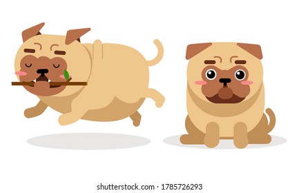 Cute Pug Running with Stick and Sitting Vector Set